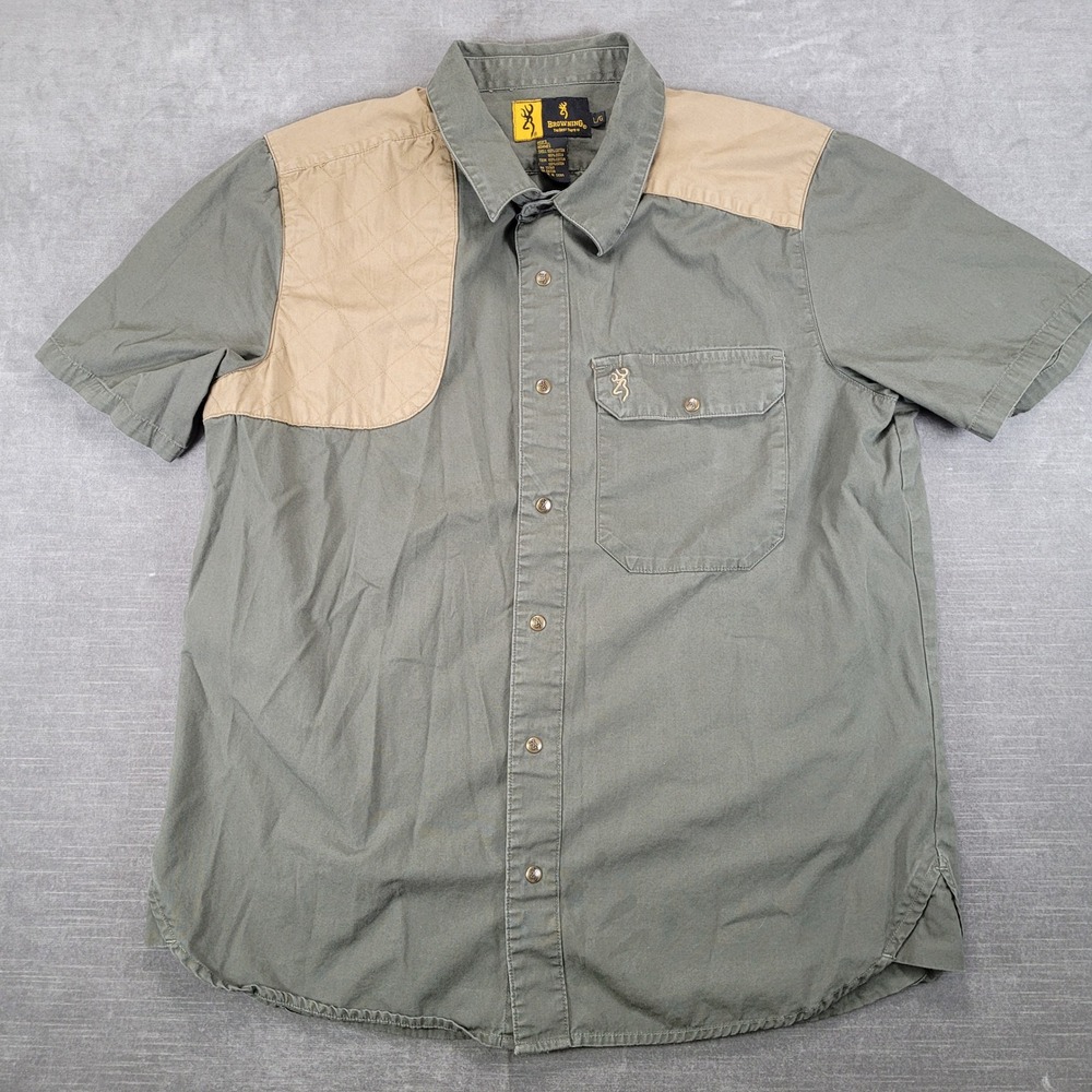 Browning Mens Large Shooting Shirt Olive Green Tan Quilted‎ Shoulder Patch